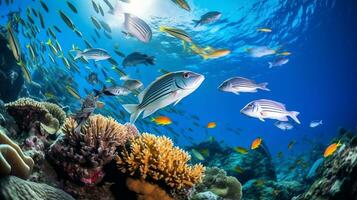 Foto von Zebrafisch mit verschiedene Fisch zwischen gesund Koralle Riffe im das Blau Ozean. generativ ai