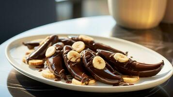 Foto von Schokolade eingetaucht Bananen wie ein Gericht im ein hochwertig Restaurant. generativ ai