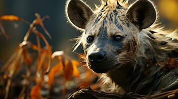 Nahansicht Foto von ein Hyäne suchen irgendein Richtung auf Dschungel. generativ ai