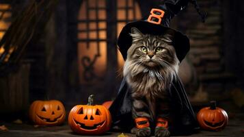 Foto von ein süß Katze tragen ein Halloween Kostüm. generativ ai