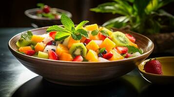 Foto von tropisch Obst Salat mit Limette-Minze Dressing wie ein Gericht im ein hochwertig Restaurant. generativ ai