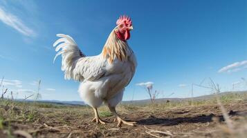 Foto von ein Hähnchen im das Ackerland. generativ ai