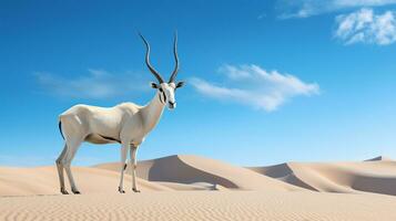 Foto von ein arabisch Oryx im ein Wüste mit Blau Himmel. generativ ai