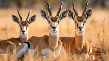 Foto von ein Herde von Gazelle ruhen im ein öffnen Bereich auf das Savanne. generativ ai