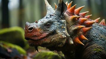Nahansicht Foto von ein Stegosaurus suchen im ihr Lebensraum. generativ ai