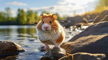 Nahansicht Foto von ein Hamster suchen im ihr Lebensraum. generativ ai