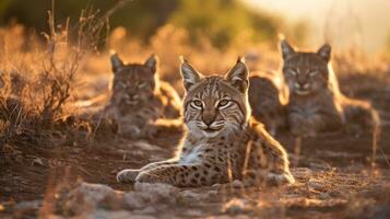 Foto von ein Herde von Luchs ruhen im ein öffnen Bereich auf das Savanne. generativ ai