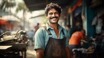 Foto von männlich Arbeiter Lächeln suchen Kamera. generativ ai