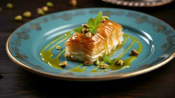 Foto von Baklava wie ein Gericht im ein hochwertig Restaurant. generativ ai