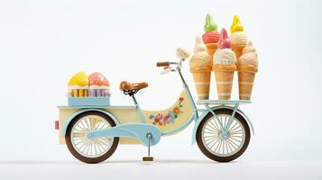 Anzeigen ein 3d Miniatur Eis Sahne Fahrrad. generativ ai foto