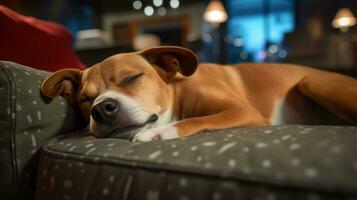 Foto von ein schläfrig Hund gemütlich kuschelt auf ein bequem Couch im ein gemütlich Leben Zimmer. generativ ai