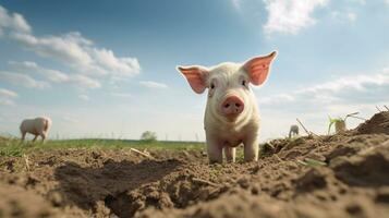 Foto von ein Schwein im das Ackerland. generativ ai