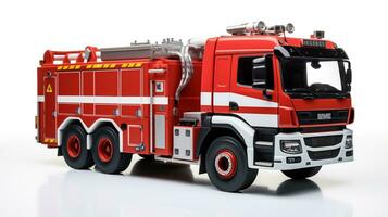 Anzeigen ein 3d Miniatur Feuerwehrauto. generativ ai foto