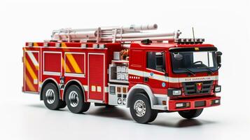 Anzeigen ein 3d Miniatur Feuerwehrauto. generativ ai foto