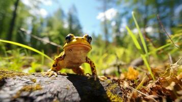 Foto von Frosch im ther Wald mit Blau Himmel. generativ ai