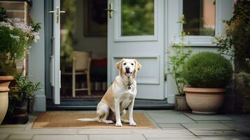 Foto von ein treu Hund geduldig wartet es ist Eigentümer Rückkehr durch das Vorderseite Tür. generativ ai