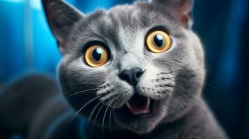 Nahansicht Foto von ein komisch schockiert Russisch Blau kleben aus seine Zunge. generativ ai