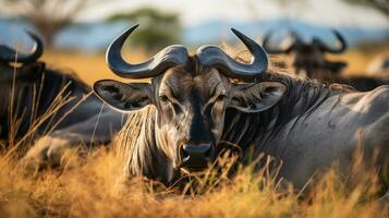 Foto von ein Herde von Gnus ruhen im ein öffnen Bereich auf das Savanne. generativ ai