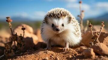 Nahansicht Foto von ein Wüste Igel suchen irgendein Richtung im das Wüste. generativ ai