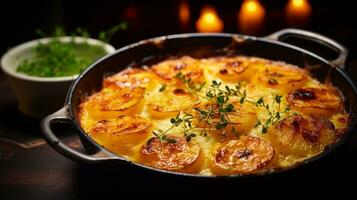 Foto von Kartoffeln au Gratin wie ein Gericht im ein hochwertig Restaurant. generativ ai