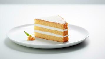 Foto von Scheibe von Genoise Kuchen auf Weiß Platte. generativ ai