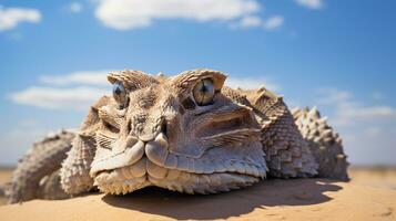 Foto von ein Wüste gehörnt Viper im ein Wüste mit Blau Himmel. generativ ai