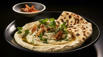 Foto von Pita-Brot und Hummus wie ein Gericht im ein hochwertig Restaurant. generativ ai