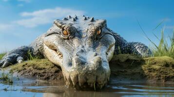 Foto von ein Alligator unter Blau Himmel. generativ ai