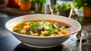 Foto von Gemüse Suppe wie ein Gericht im ein hochwertig Restaurant. generativ ai
