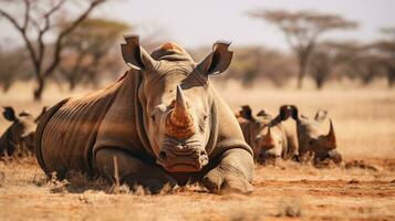 Foto von ein Herde von Nashorn ruhen im ein öffnen Bereich auf das Savanne. generativ ai