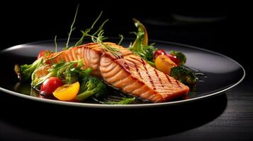 Foto von gegrillt Lachs wie ein Gericht im ein hochwertig Restaurant. generativ ai