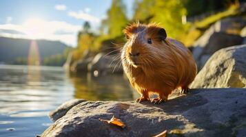 Nahansicht Foto von ein Guinea Schwein suchen im ihr Lebensraum. generativ ai