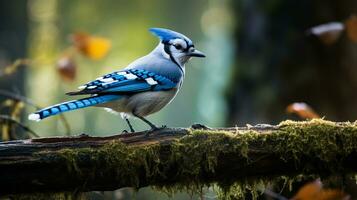 Foto von ein Blau Jay Stehen auf ein gefallen Baum Ast beim Morgen. generativ ai