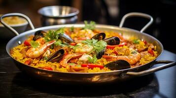 Foto von Karibik Meeresfrüchte Paella wie ein Gericht im ein hochwertig Restaurant. generativ ai