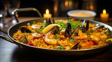 Foto von Meeresfrüchte Paella wie ein Gericht im ein hochwertig Restaurant. generativ ai