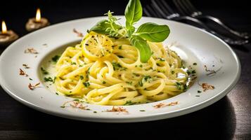 Foto von Zitrone Knoblauch Butter Pasta wie ein Gericht im ein hochwertig Restaurant. generativ ai