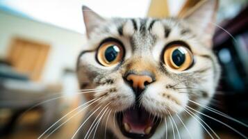 Nahansicht Foto von ein komisch schockiert Burmilla Katze kleben aus seine Zunge. generativ ai