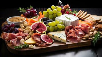 Foto von Käse und Wurstwaren Tafel wie ein Gericht im ein hochwertig Restaurant. generativ ai