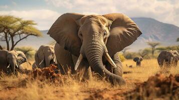 Foto von ein Herde von Elefant ruhen im ein öffnen Bereich auf das Savanne. generativ ai