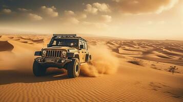 Foto von Jeep Fahren im das Wüste. generativ ai