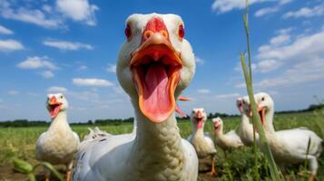 Foto von ein Muscovy Ente im das Ackerland. generativ ai