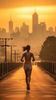 Frau Joggen mit Stadt Horizont im das Entfernung foto