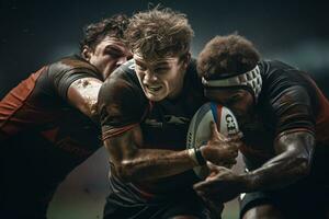 männlich Rugby Spieler im Wettbewerb auf das Rugby Feld foto