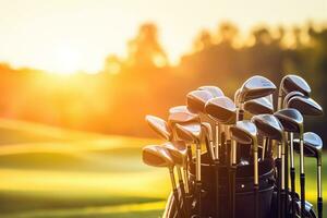 ein Golf Tasche mit Golf Vereine auf ein öffnen Feld beim Sonnenuntergang foto