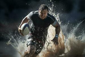 männlich Rugby Spieler im Wettbewerb auf das Rugby Feld foto