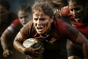 weiblich Rugby Spieler im Wettbewerb auf das Rugby Feld foto