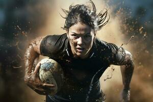 weiblich Rugby Spieler im Wettbewerb auf das Rugby Feld foto