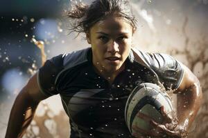 weiblich Rugby Spieler im Wettbewerb auf das Rugby Feld foto