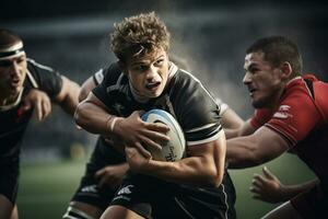 männlich Rugby Spieler im Wettbewerb auf das Rugby Feld foto