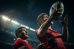 männlich Rugby Spieler im Wettbewerb auf das Rugby Feld foto